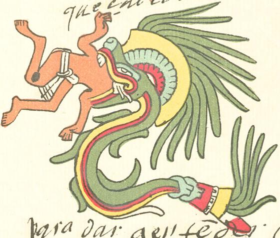Quetzalcoatl_telleriano_copyright wiki user Ptcamn The Aztec Christ Quetzalcoatl being swallowed by the serpent (photo copyright wiki user Ptcamn)